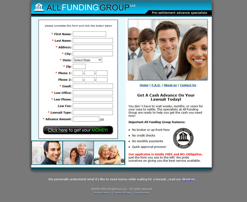 A picture of the All Funding Group marketing landing page created by Belmark Corporation
