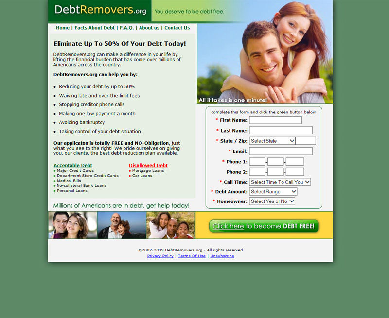 A picture of the Debt Removers marketing landing page created by Belmark Corporation