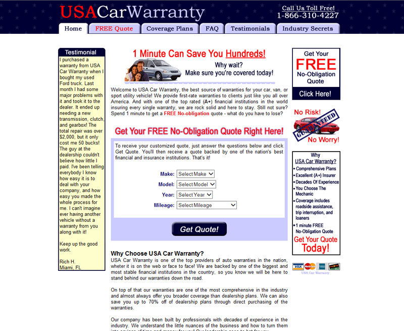 A picture of the USA Car Warranty marketing landing page created by Belmark Corporation