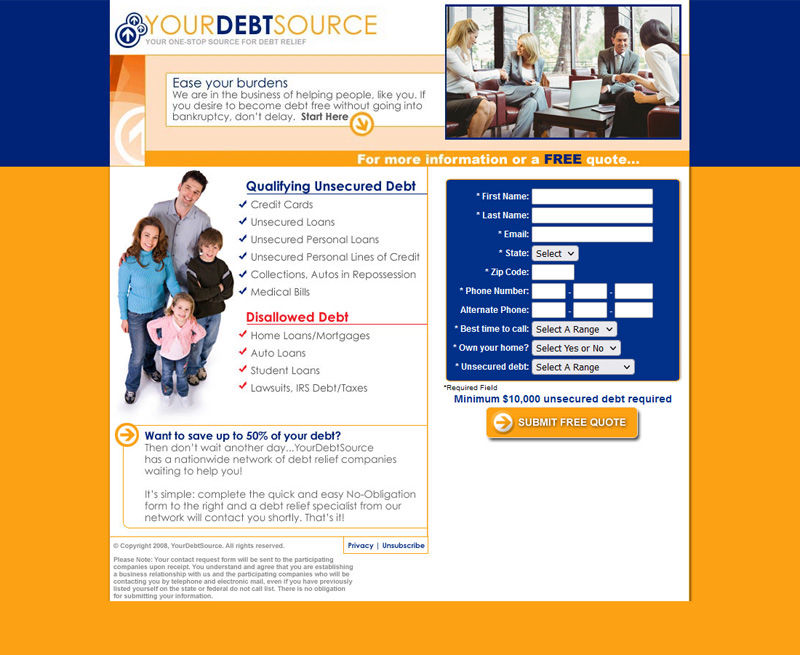 A picture of the Your Debt Source marketing landing page created by Belmark Corporation